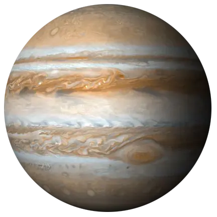 Image of Jupiter, the largest planet in our solar system, known for its giant storm, the Great Red Spot